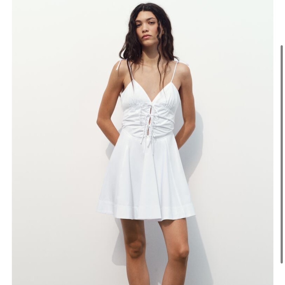 Zara BOW TRIM GABARDINE MINI DRESS medium white